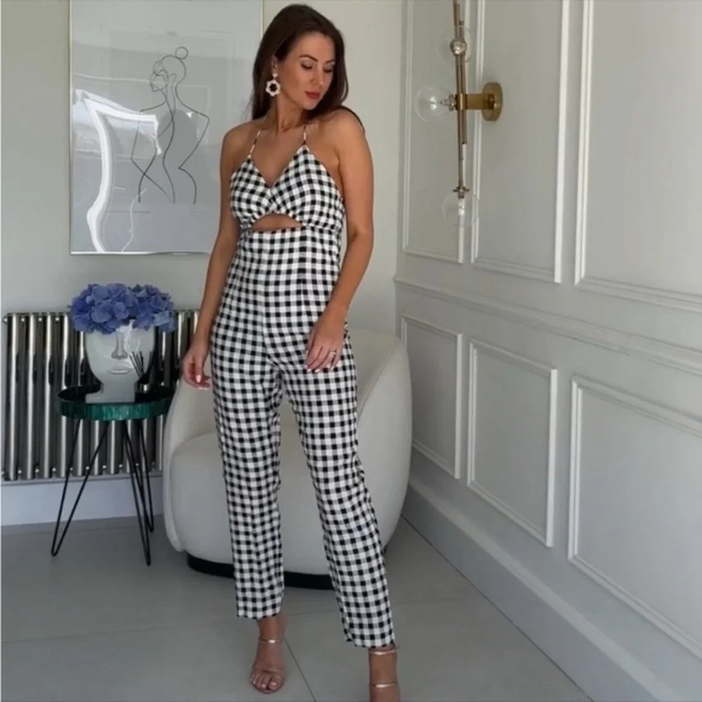 Zara Black White Gingham Cut Out Jumpsuit Small
